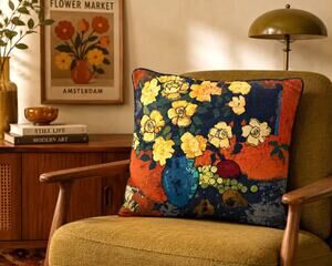Vtg Signed Floral Tapestry Pillow Cover Art Cushion Yellow Flowers Still Life
